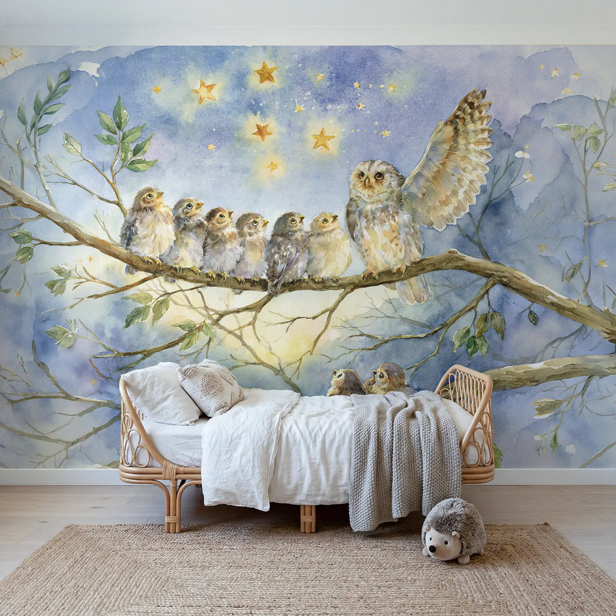 Watercolor owl teaching young birds to read the stars, mural for a toddler room by Whimsy Tots