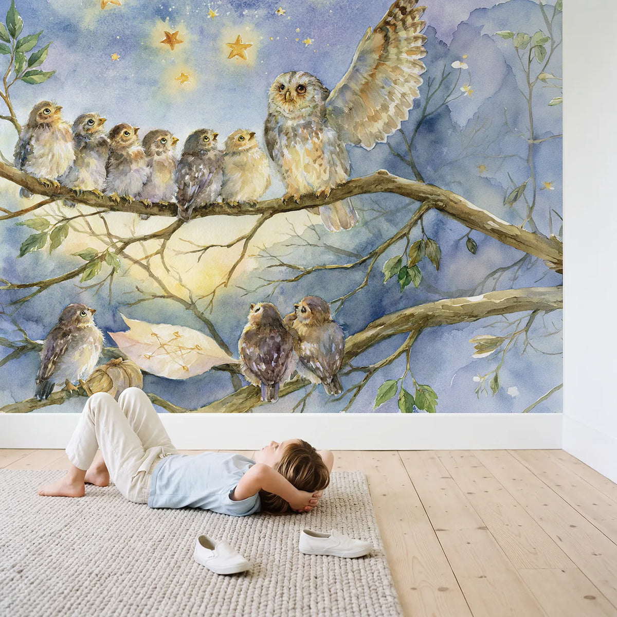 Child in nursery with The Star Navigation Lesson Wallpaper Mural by Whimsy Tots