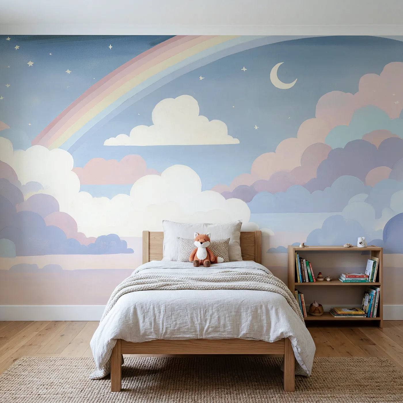Gouache wall mural of a calm folk dusk with stars by Whimsy Tots