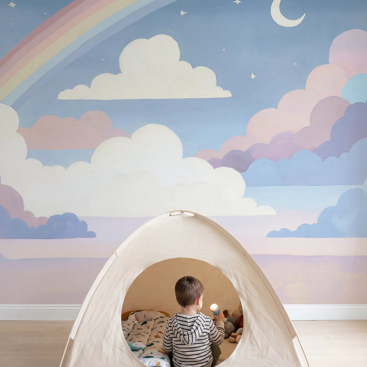 Child in nursery with Folk Dusk Rainbow Shower Wallpaper Mural by Whimsy Tots