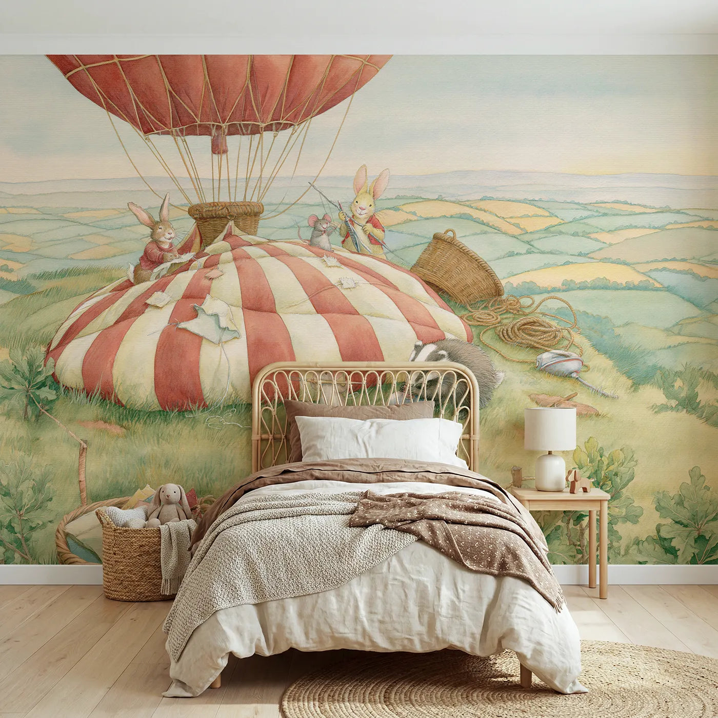 Storybook team patching a striped balloon envelope, mural for a rented bedroom by Whimsy Tots