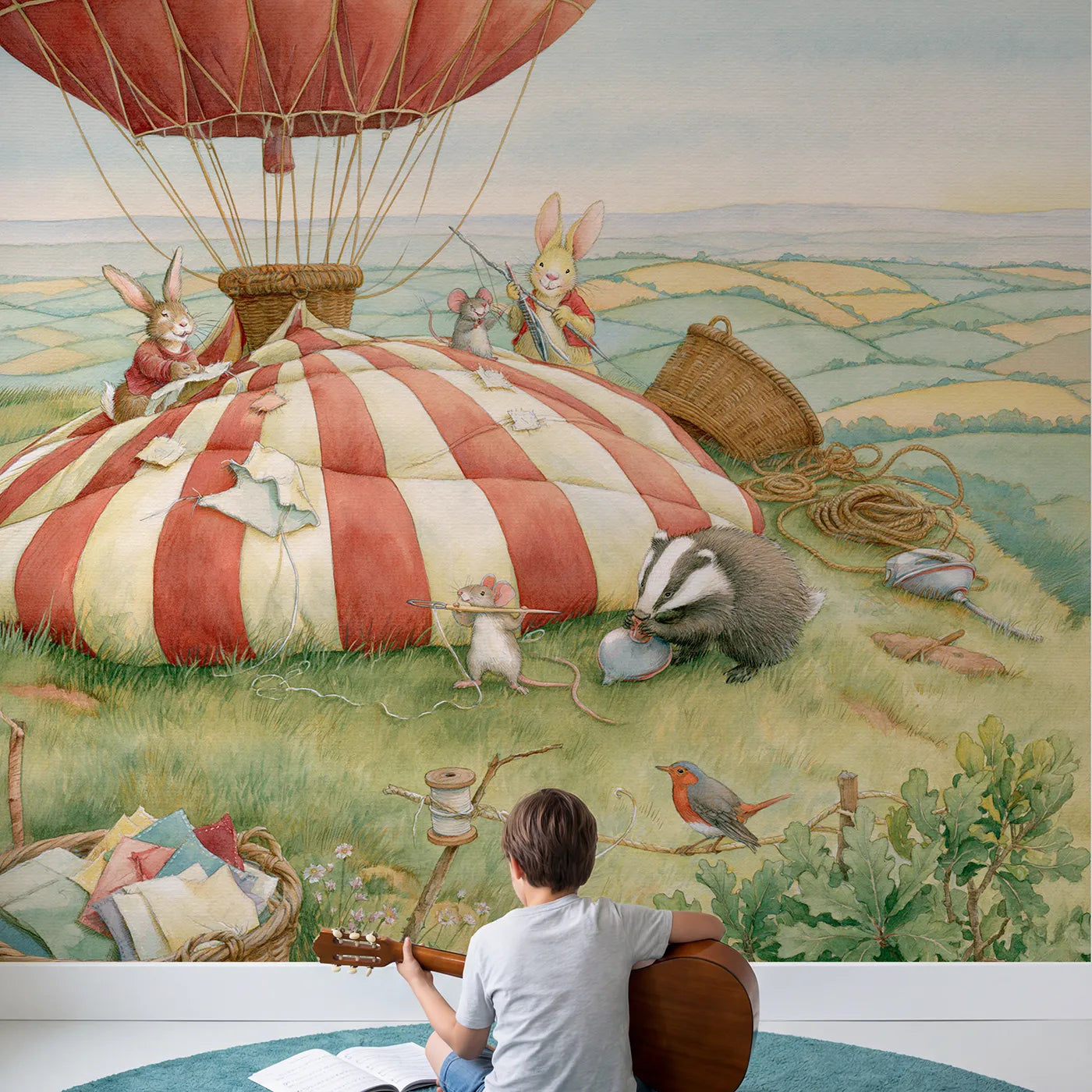 Child in nursery with The Balloon Repair Yard Wallpaper Mural by Whimsy Tots