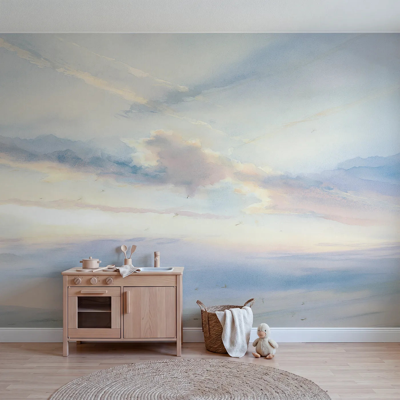 Watercolor wall mural of a warm evening in soft bands by Whimsy Tots