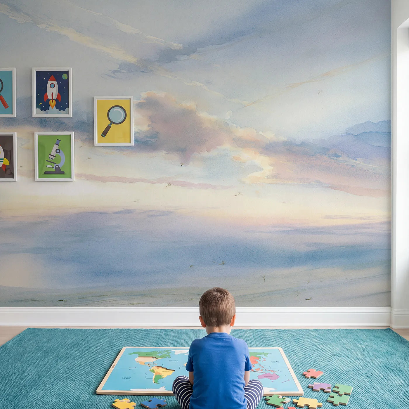 Child in nursery with Morning Cirrus Wisps Scene Wallpaper Mural by Whimsy Tots