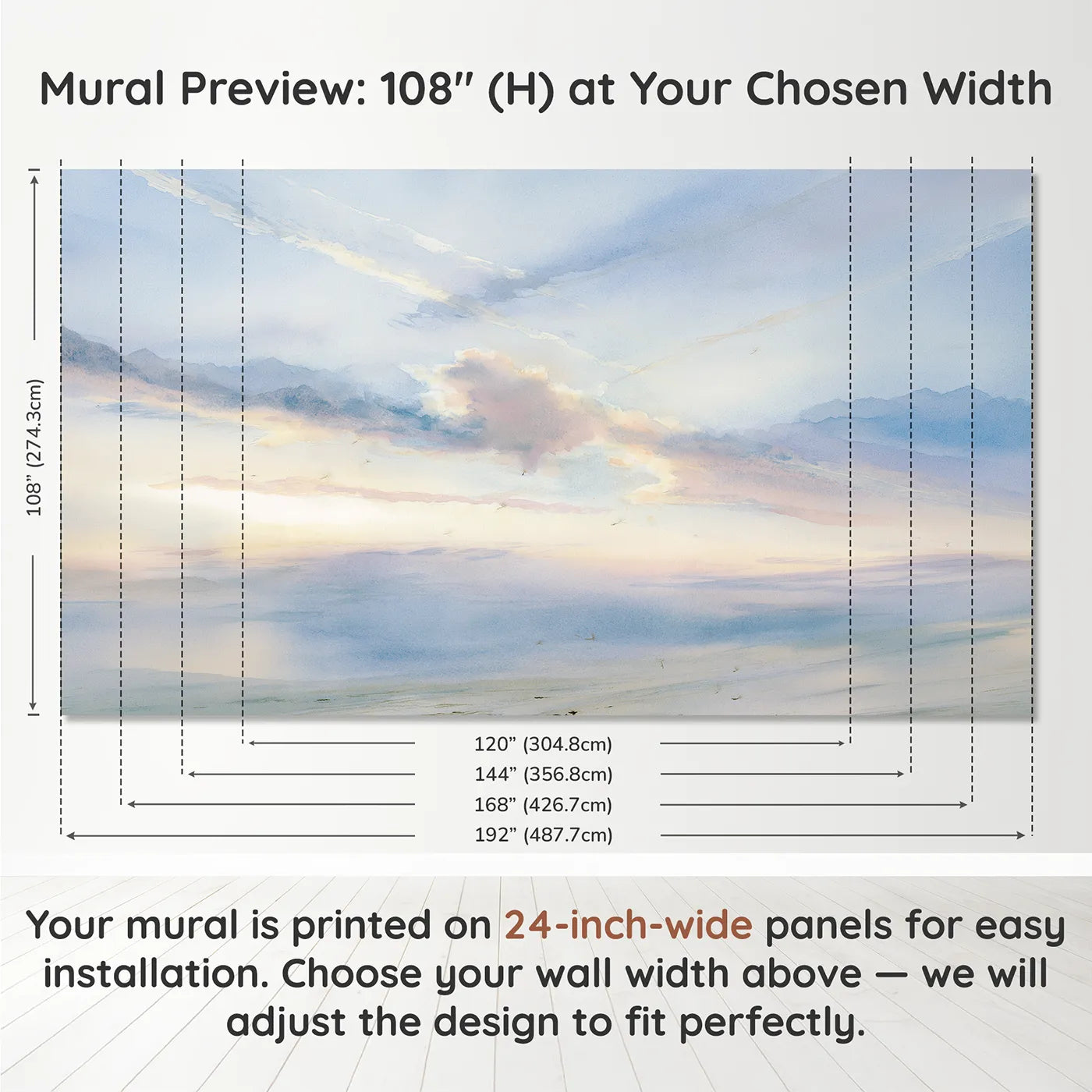 Panel layout and dimensions for Morning Cirrus Wisps Scene Wallpaper Mural by Whimsy Tots