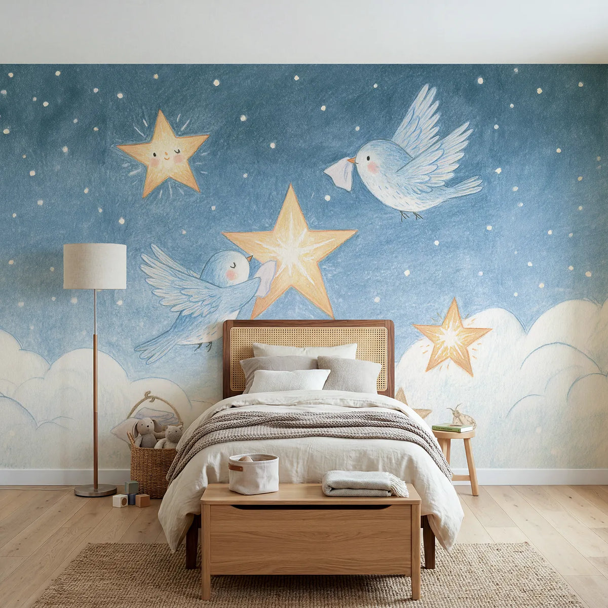 Colored Pencil birds polishing the first evening stars, mural for a bedroom by Whimsy Tots