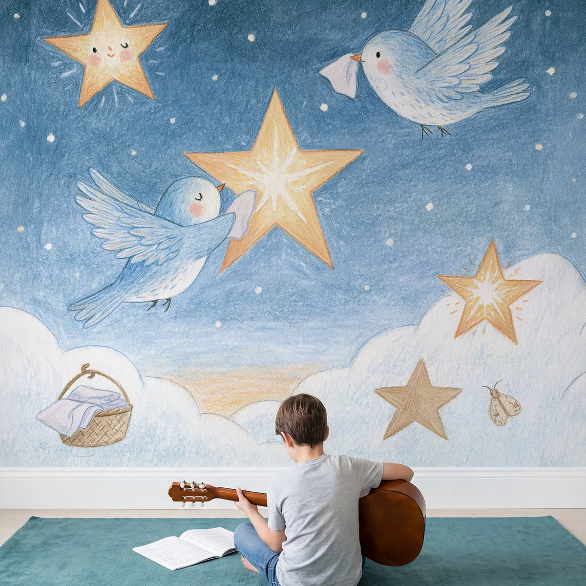 Child in nursery with The Star Polishers Wallpaper Mural by Whimsy Tots