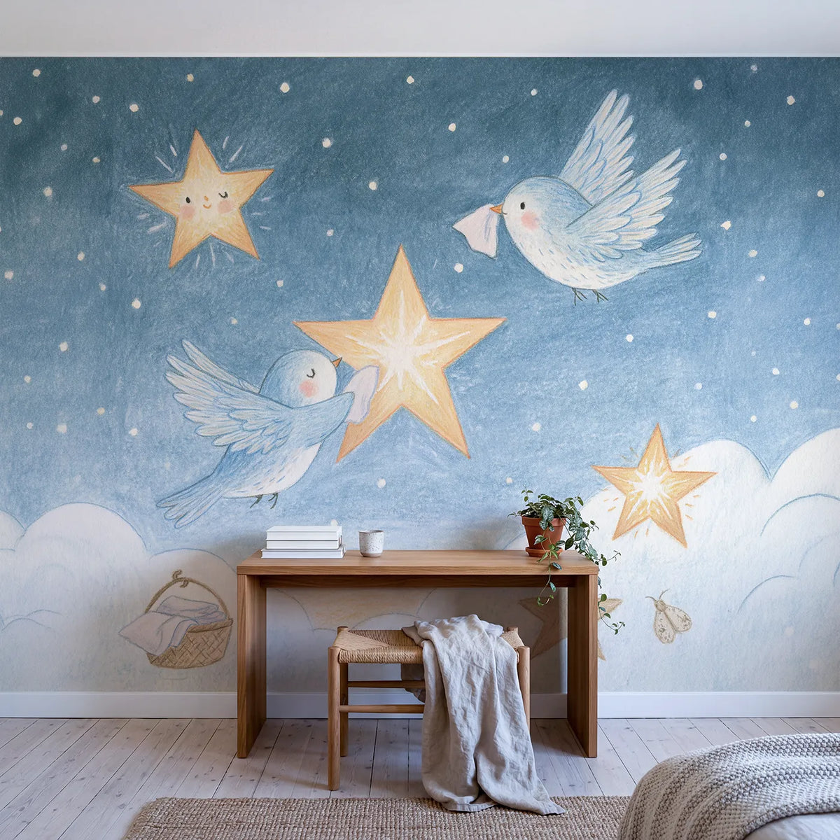 The Star Polishers Wallpaper Mural in playroom setting by Whimsy Tots