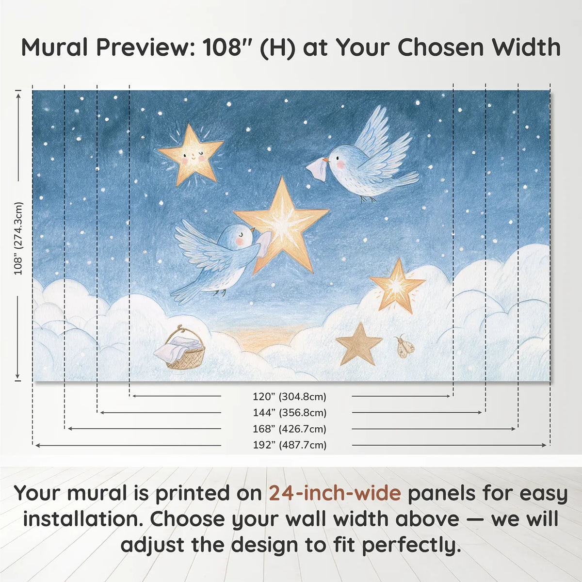 Panel layout and dimensions for The Star Polishers Wallpaper Mural by Whimsy Tots