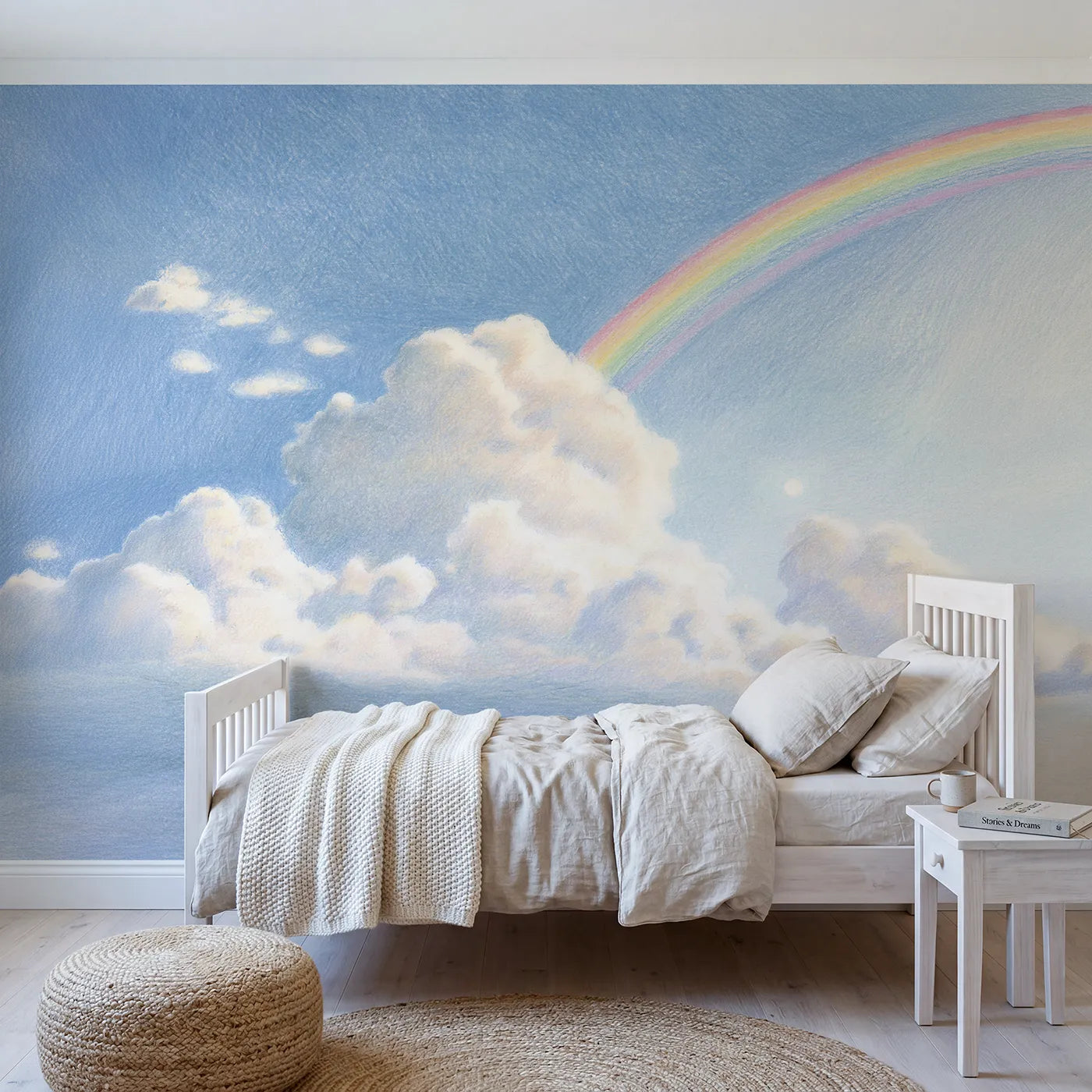 Colored-pencil wall mural of a crescent moon and stars by Whimsy Tots