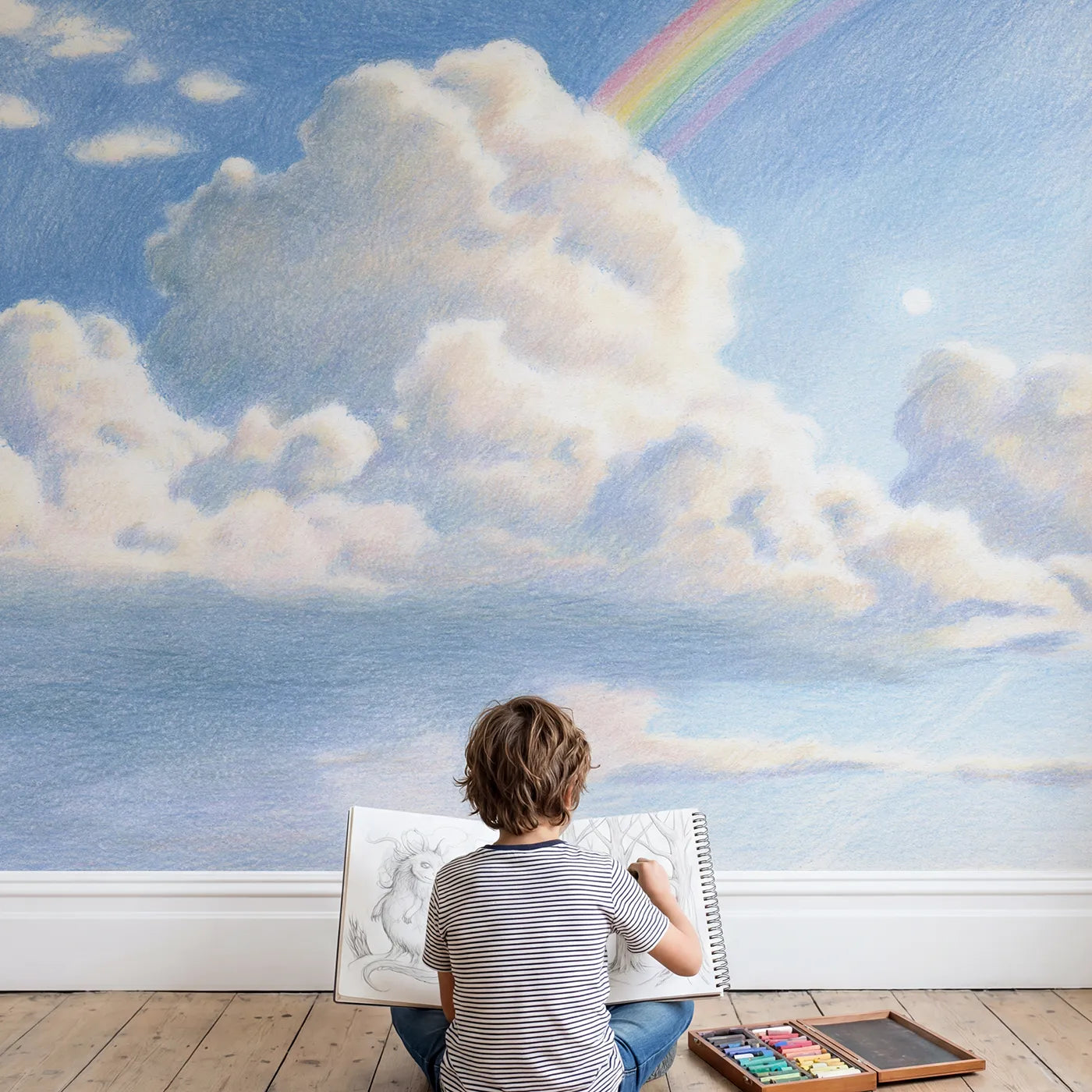 Child in nursery with Sky Morning Rainbow Shower Wallpaper Mural by Whimsy Tots