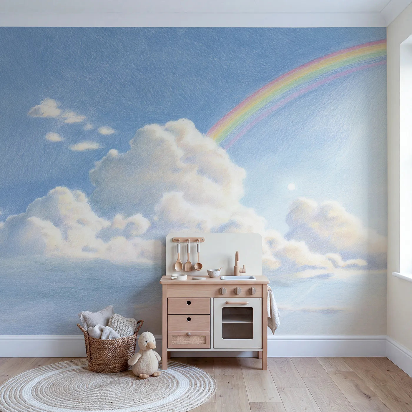 Sky Morning Rainbow Shower Wallpaper Mural in playroom setting by Whimsy Tots