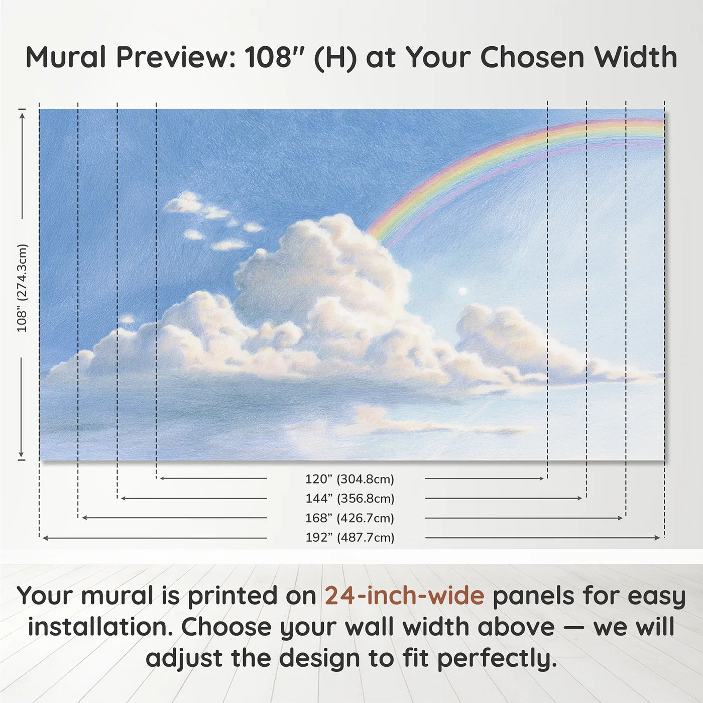 Panel layout and dimensions for Sky Morning Rainbow Shower Wallpaper Mural by Whimsy Tots