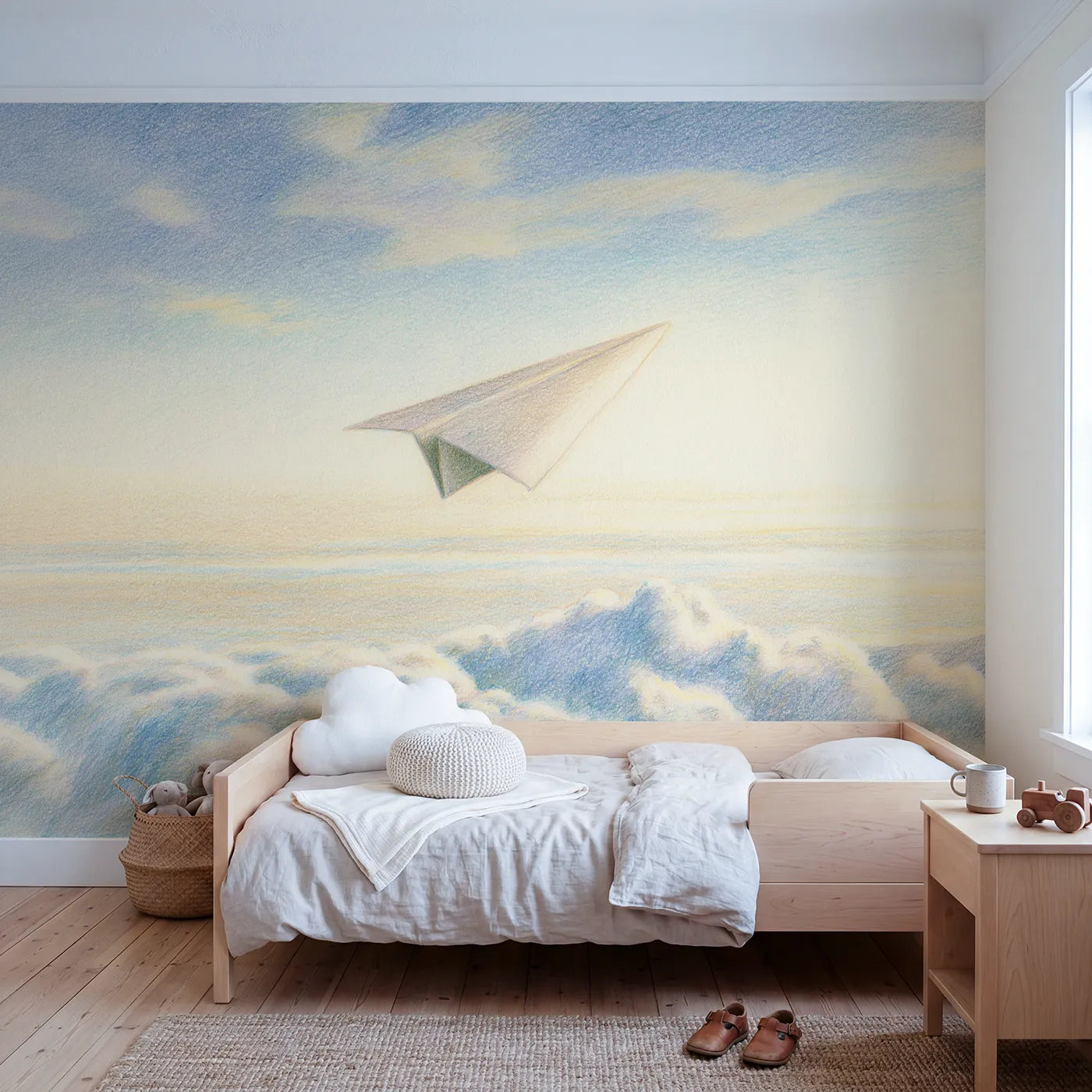 Colored-pencil wall mural of a gentle paper plane by Whimsy Tots
