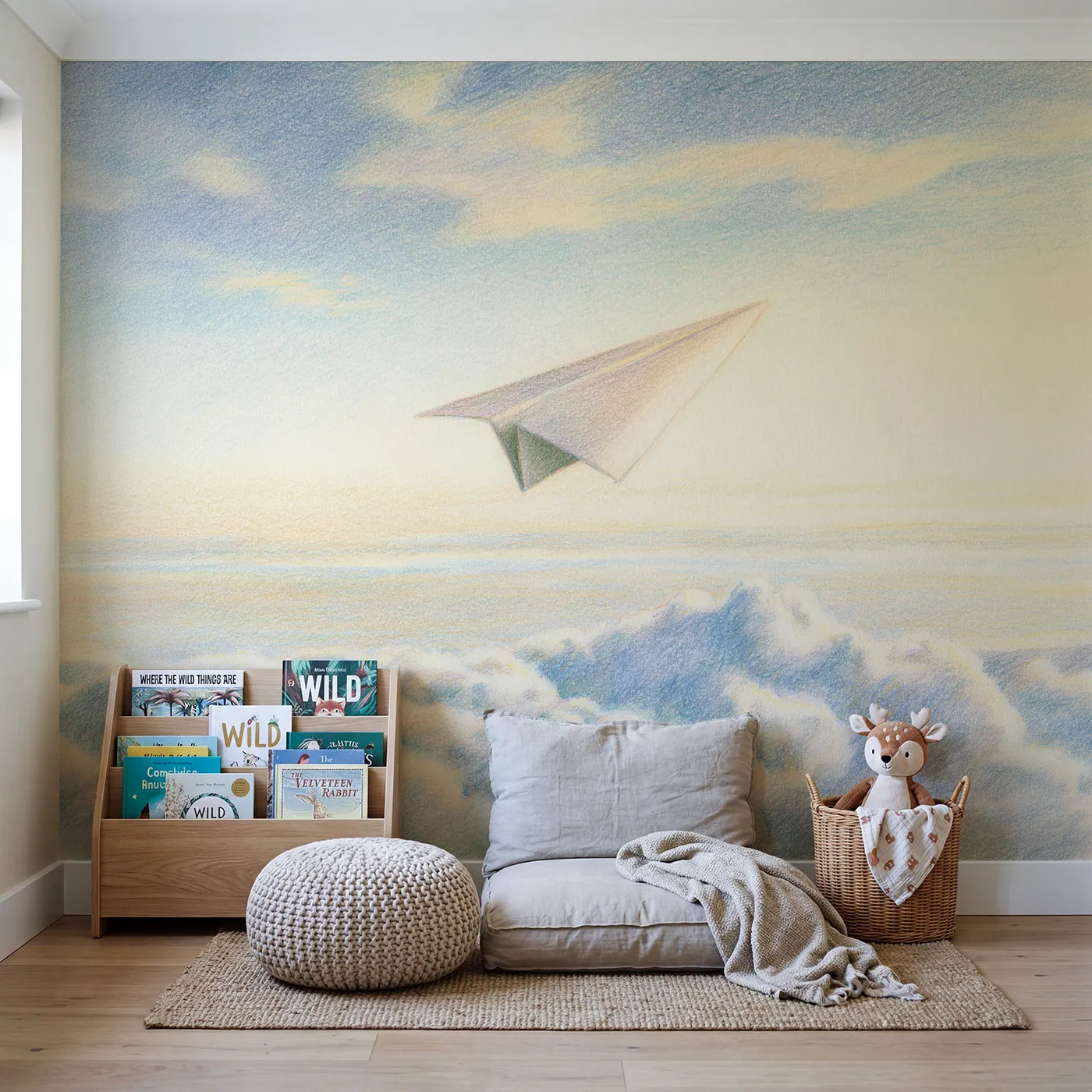 Gentle Paper Plane Wallpaper Mural in playroom setting by Whimsy Tots