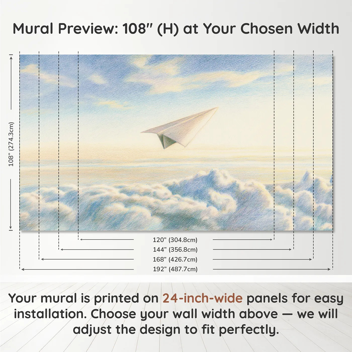 Panel layout and dimensions for Gentle Paper Plane Wallpaper Mural by Whimsy Tots