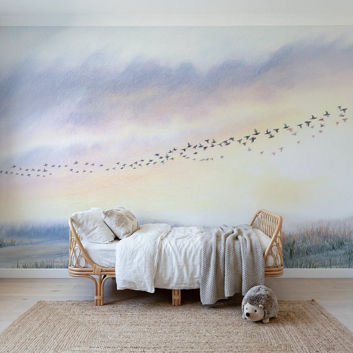 Colored-pencil wall mural of scattered little birds by Whimsy Tots