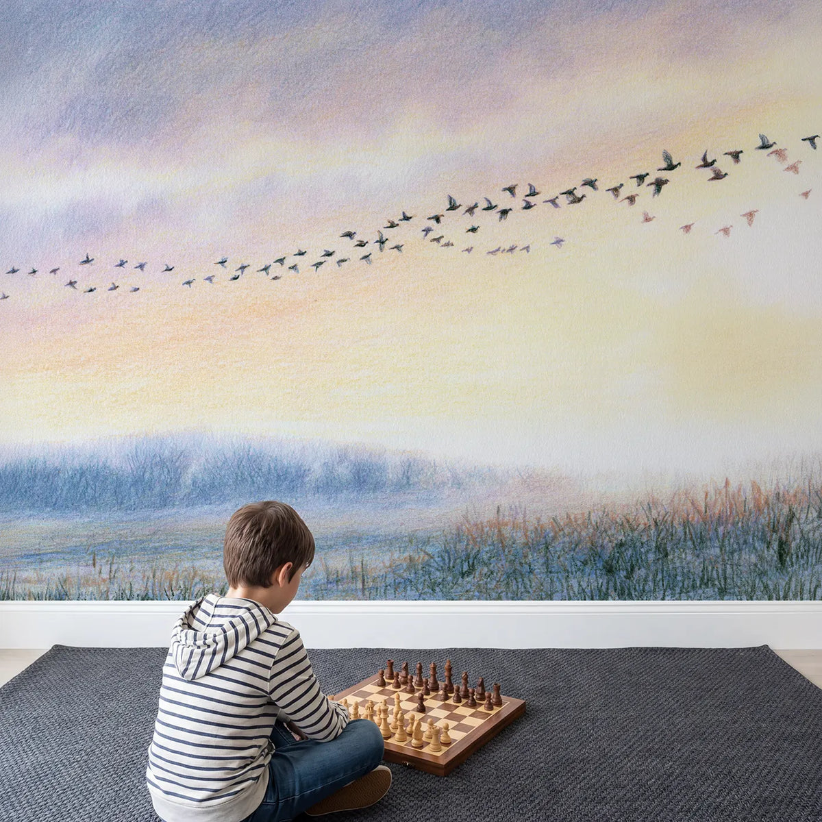 Child in nursery with Little Birds Aloft Wallpaper Mural by Whimsy Tots
