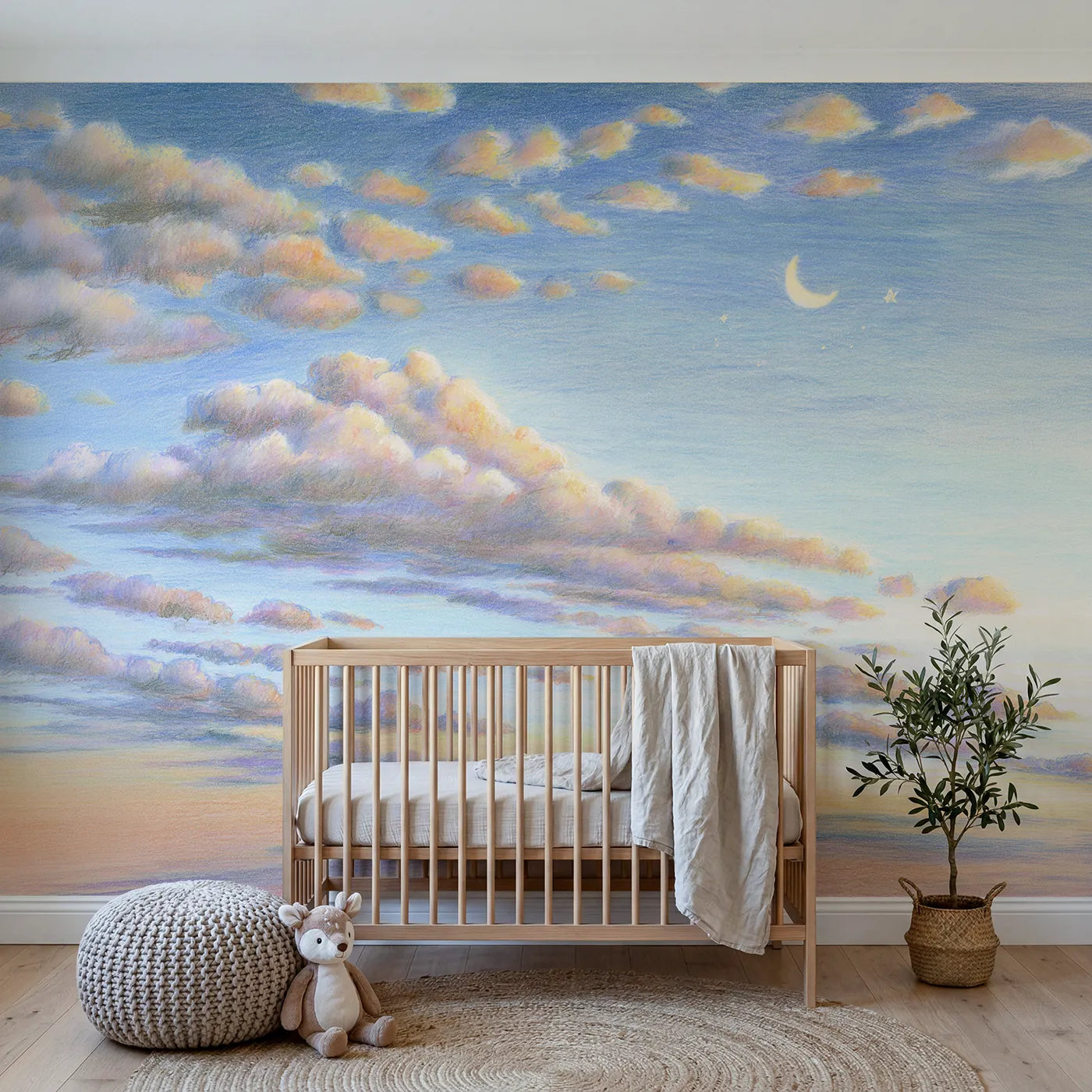 Colored-pencil wall mural of a single sleepy cloud by Whimsy Tots