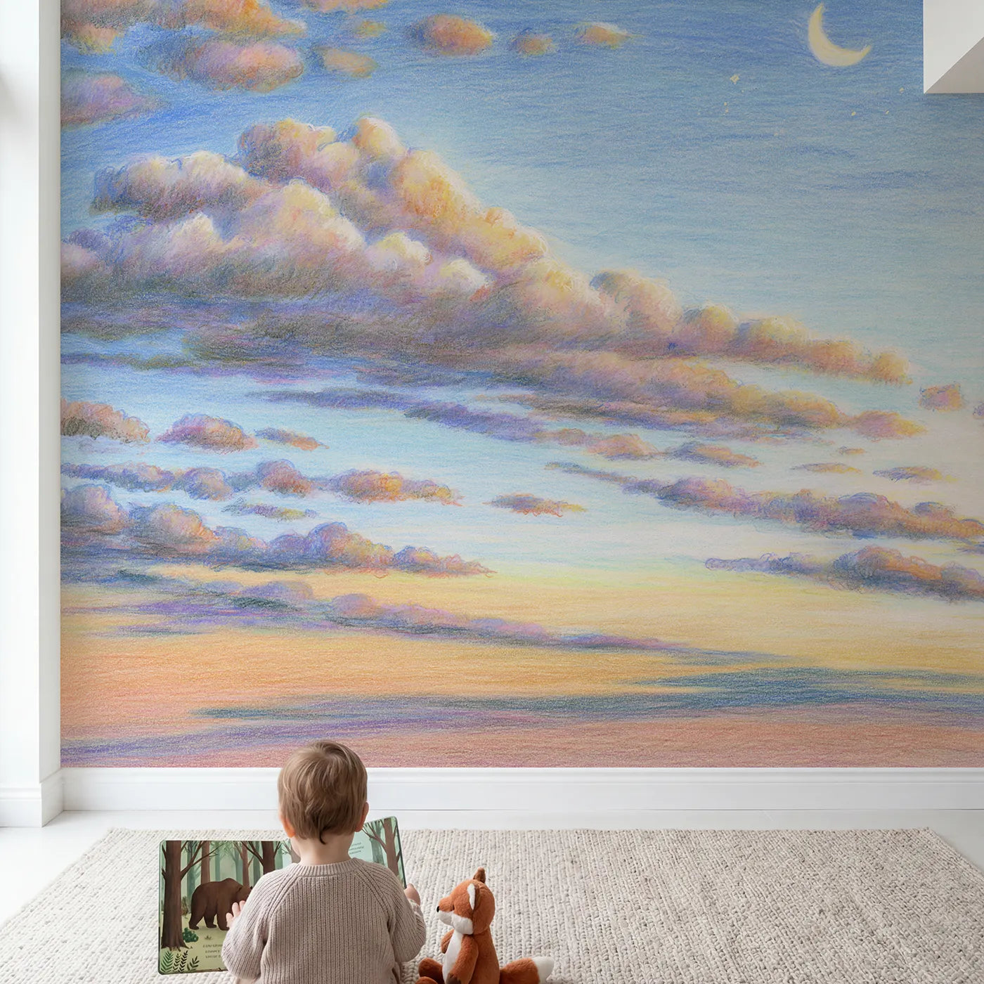 Child in nursery with Sky Morning Cotton Puffs Wallpaper Mural by Whimsy Tots