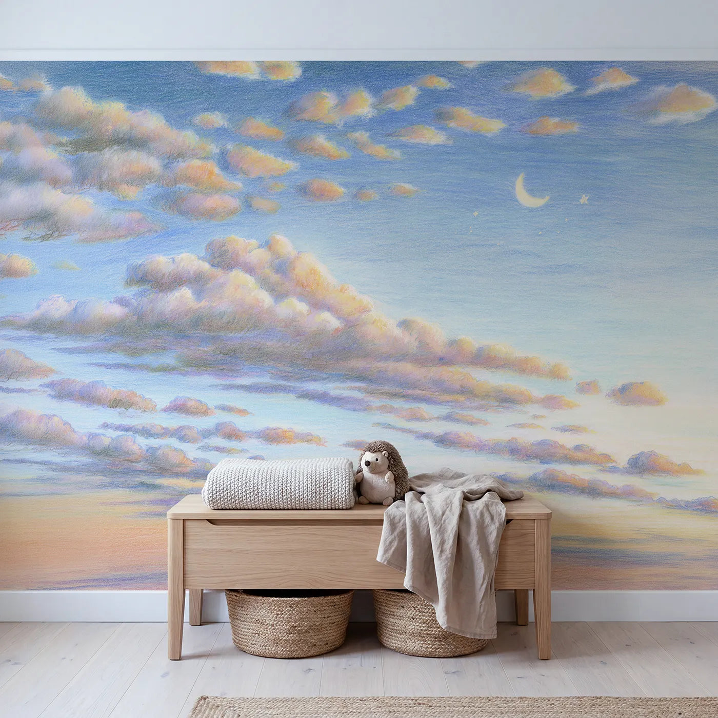Sky Morning Cotton Puffs Wallpaper Mural in playroom setting by Whimsy Tots