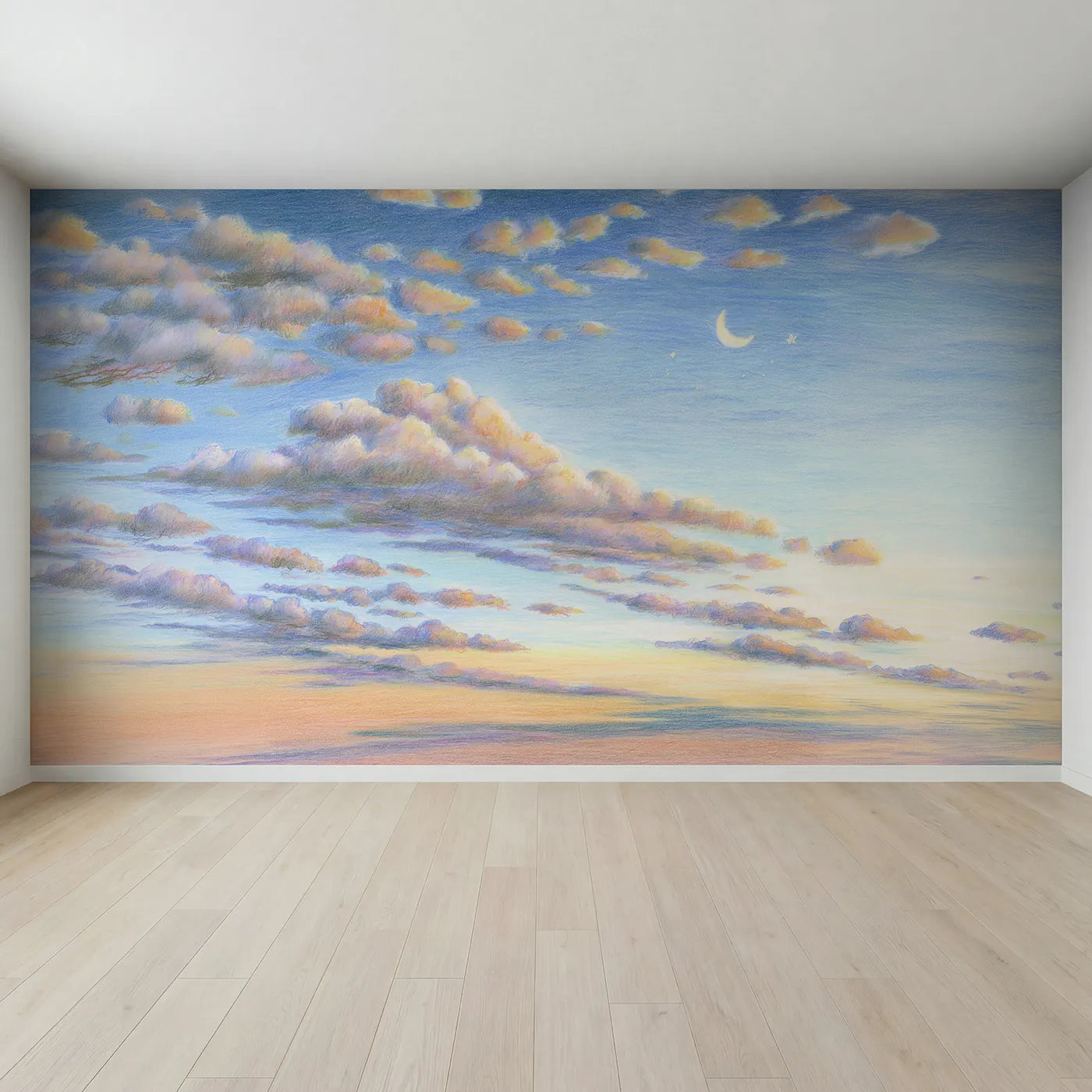 Full view of Sky Morning Cotton Puffs Wallpaper Mural by Whimsy Tots