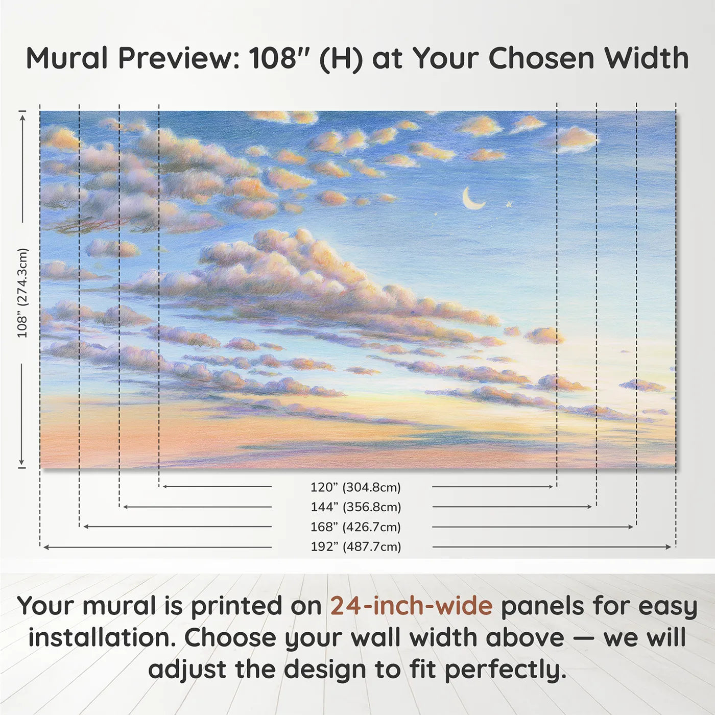 Panel layout and dimensions for Sky Morning Cotton Puffs Wallpaper Mural by Whimsy Tots