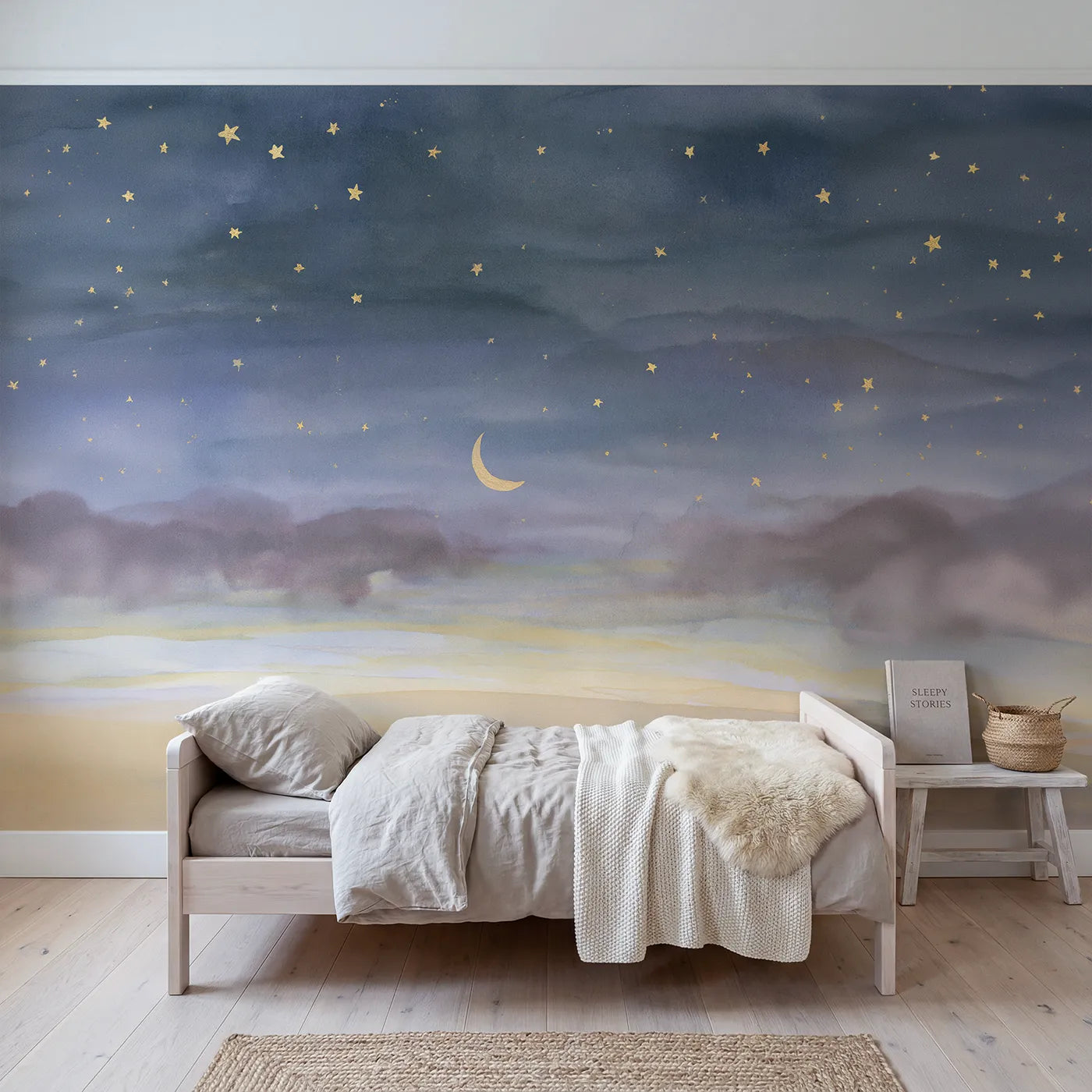 Watercolor wall mural of a soft starry night sky by Whimsy Tots