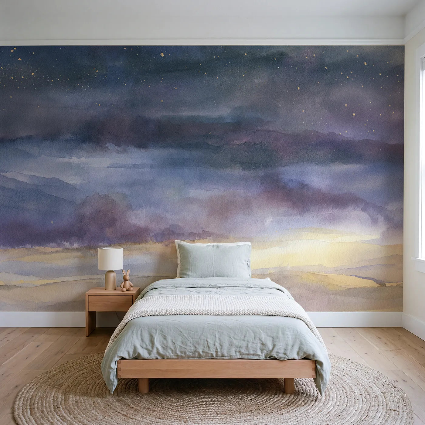 Watercolor wall mural of a dreamy plum night sky by Whimsy Tots