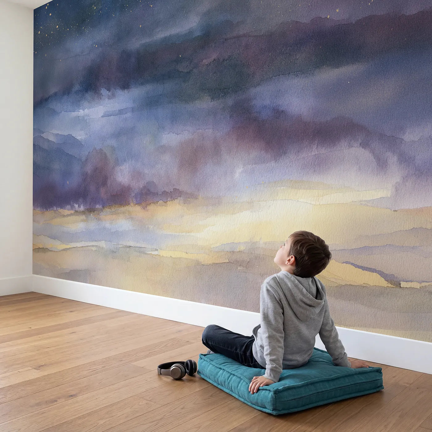 Child in nursery with Dreamy Night Sky Wallpaper Mural by Whimsy Tots