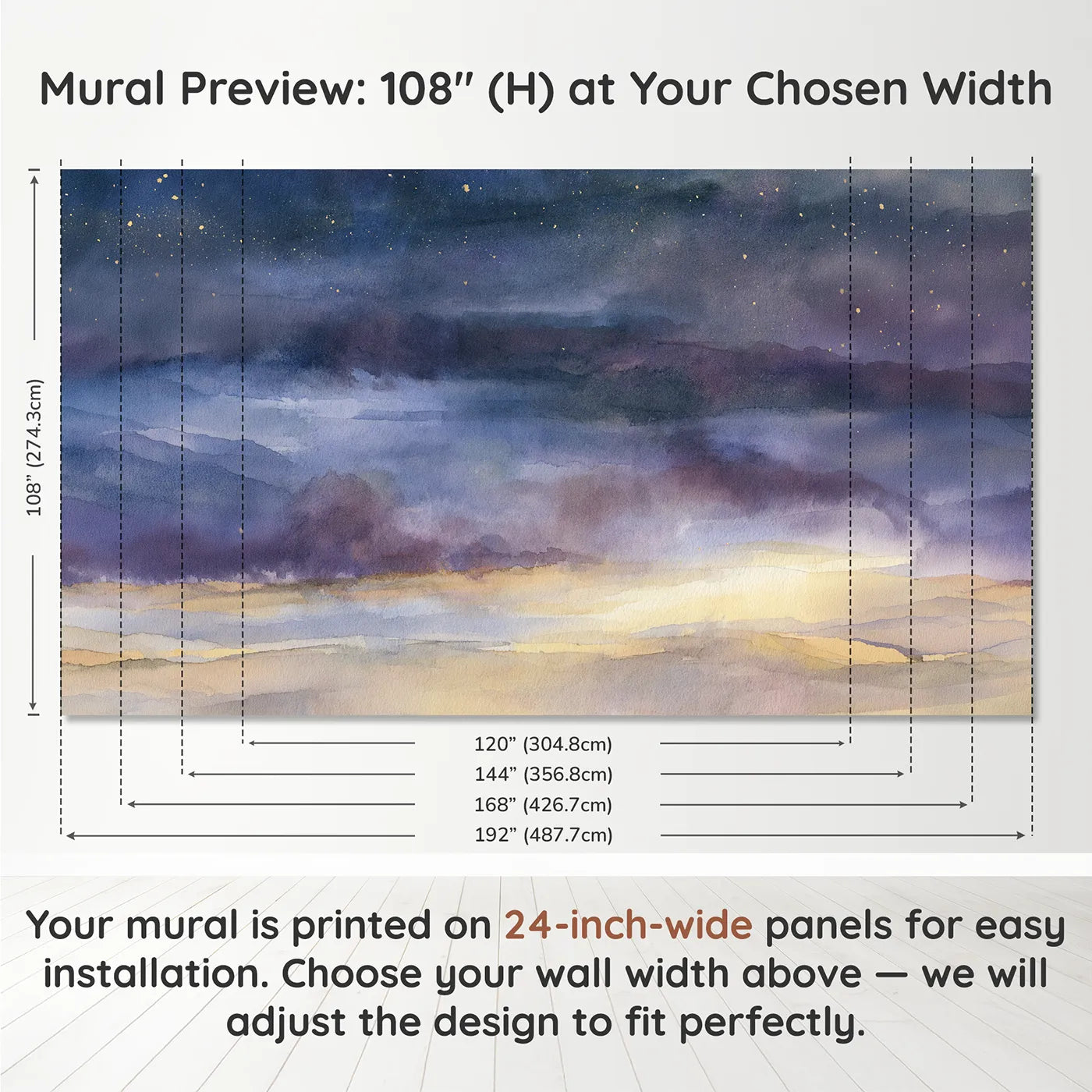 Panel layout and dimensions for Dreamy Night Sky Wallpaper Mural by Whimsy Tots