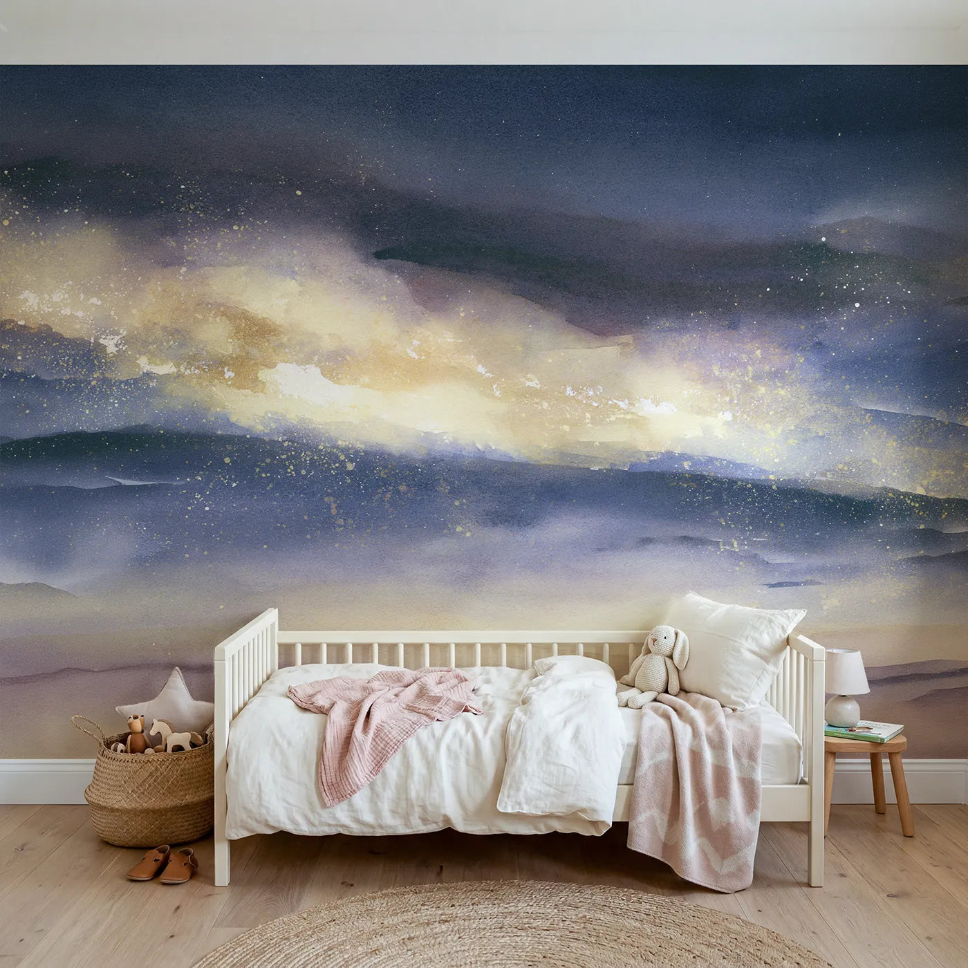 Watercolor wall mural of a gentle glowing galaxy band by Whimsy Tots