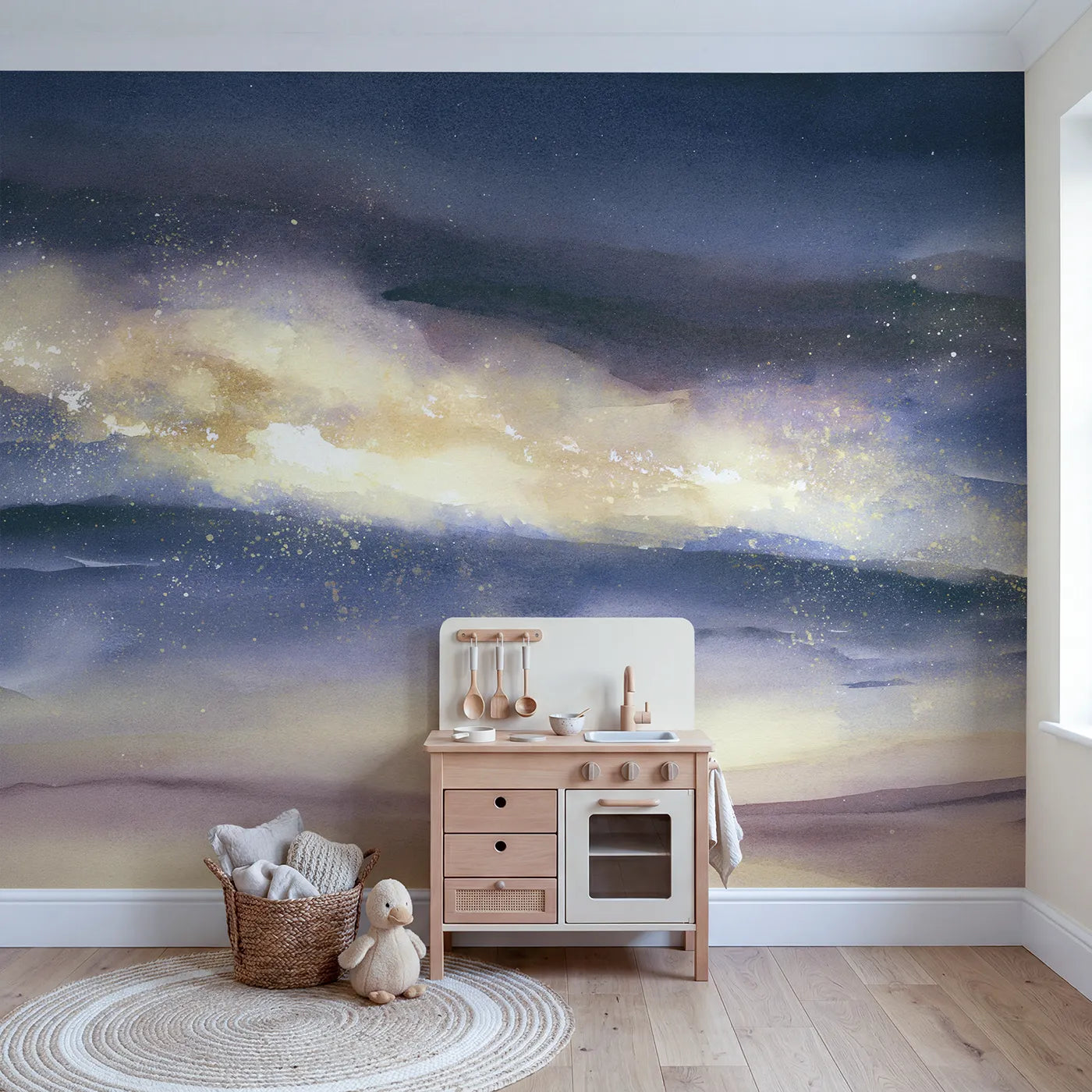 Gentle Galaxy Glow Wallpaper Mural in playroom setting by Whimsy Tots