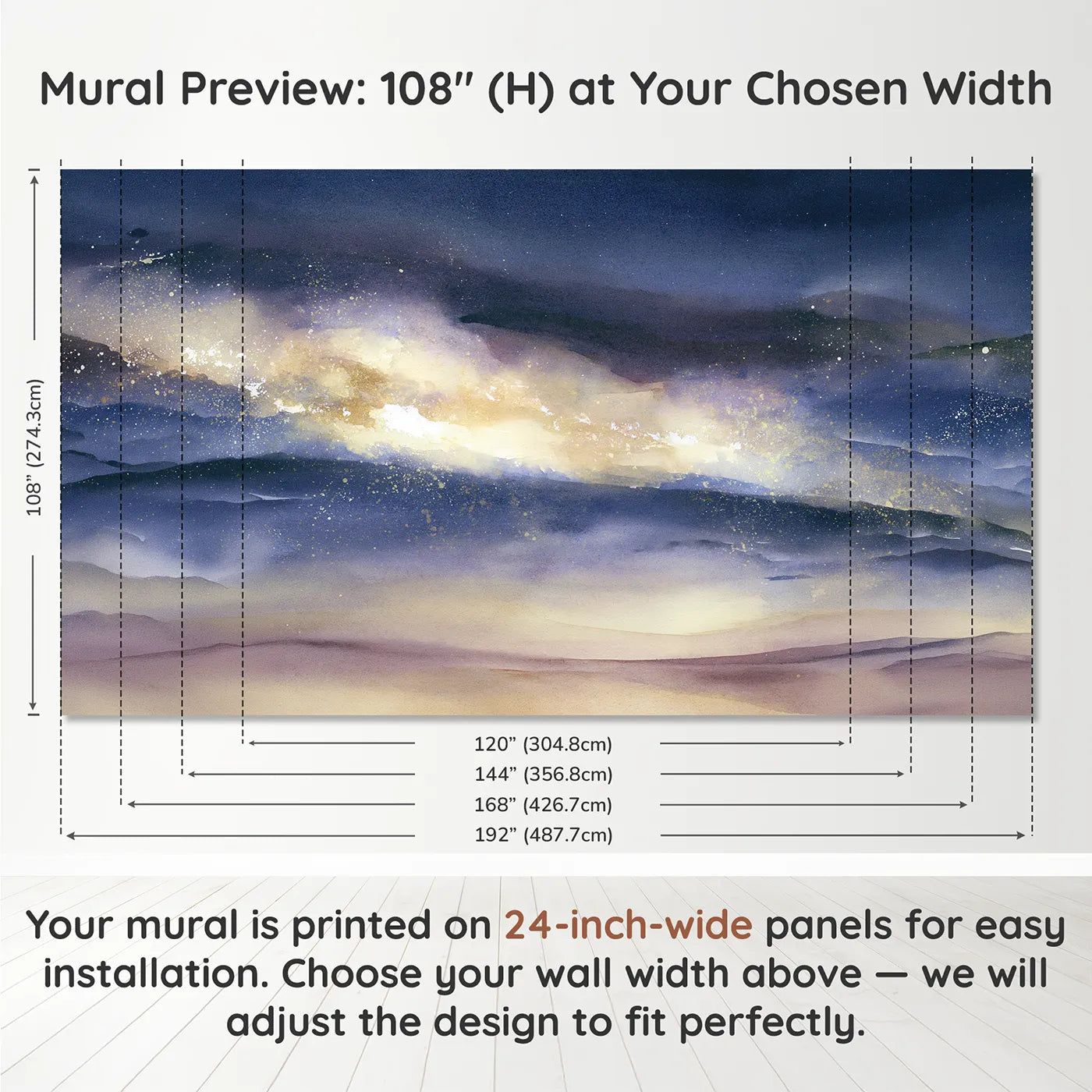 Panel layout and dimensions for Gentle Galaxy Glow Wallpaper Mural by Whimsy Tots