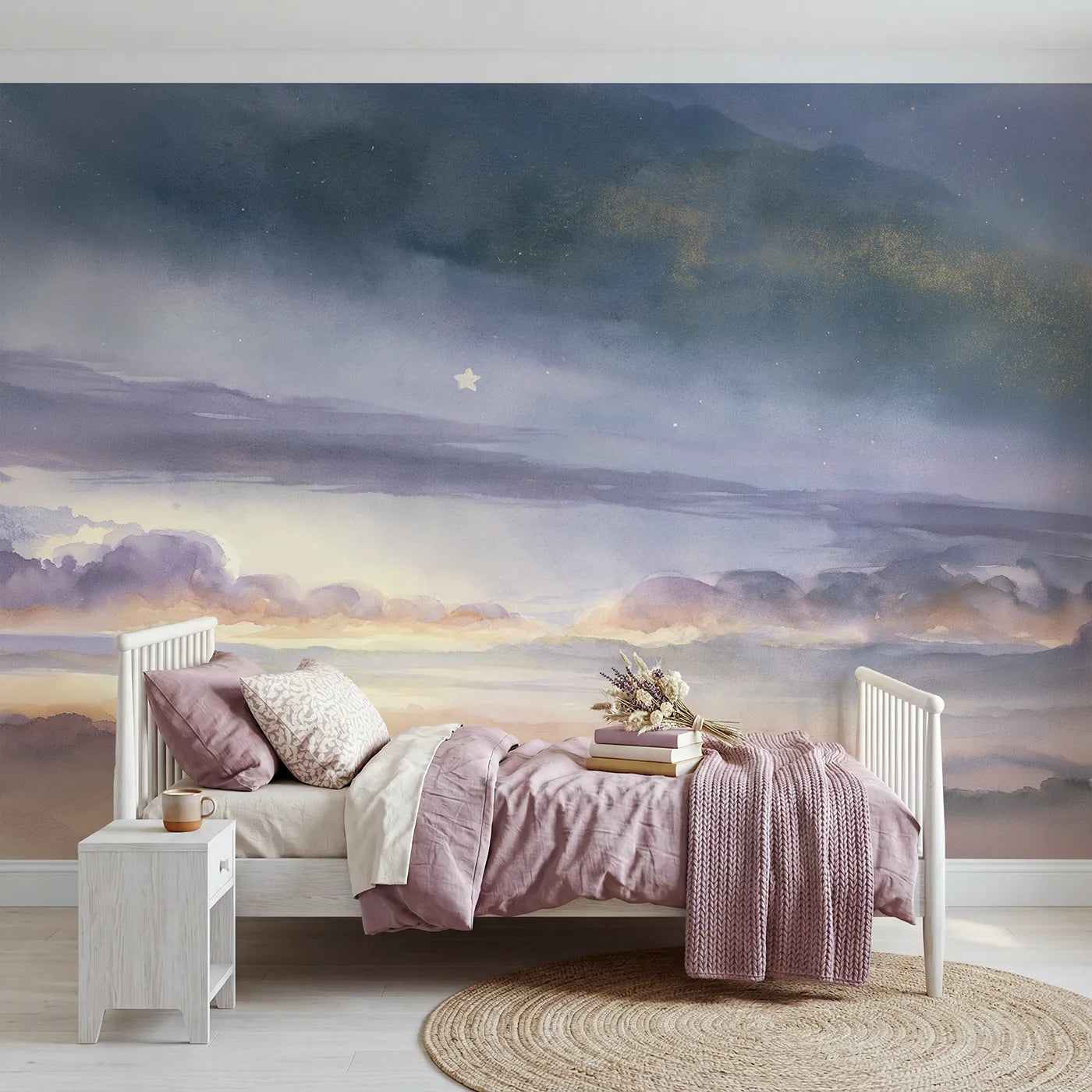 Watercolor wall mural of clouds in tender twilight by Whimsy Tots
