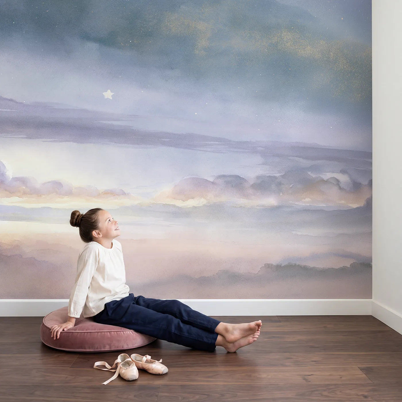 Child in nursery with Starlight Cloud Night Wallpaper Mural by Whimsy Tots