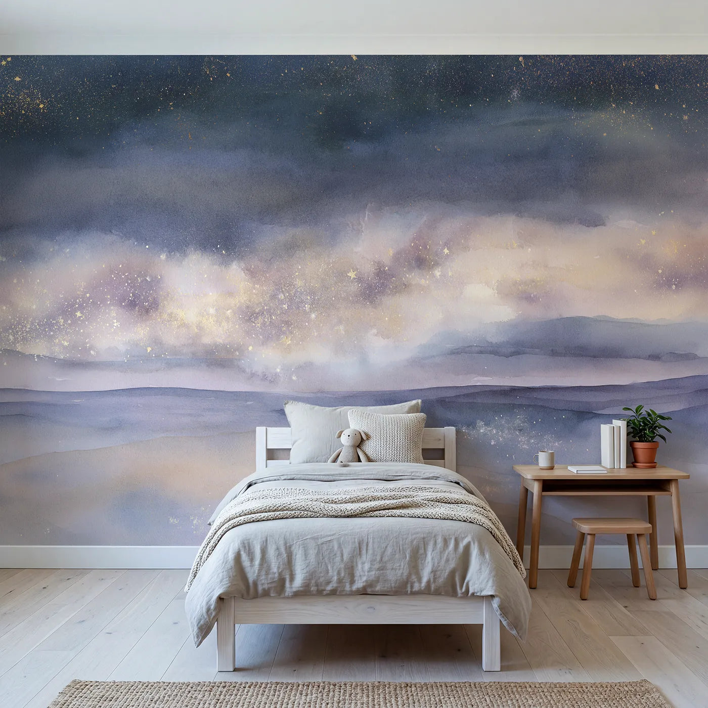 Watercolor wall mural of a soft dreamy nebula by Whimsy Tots