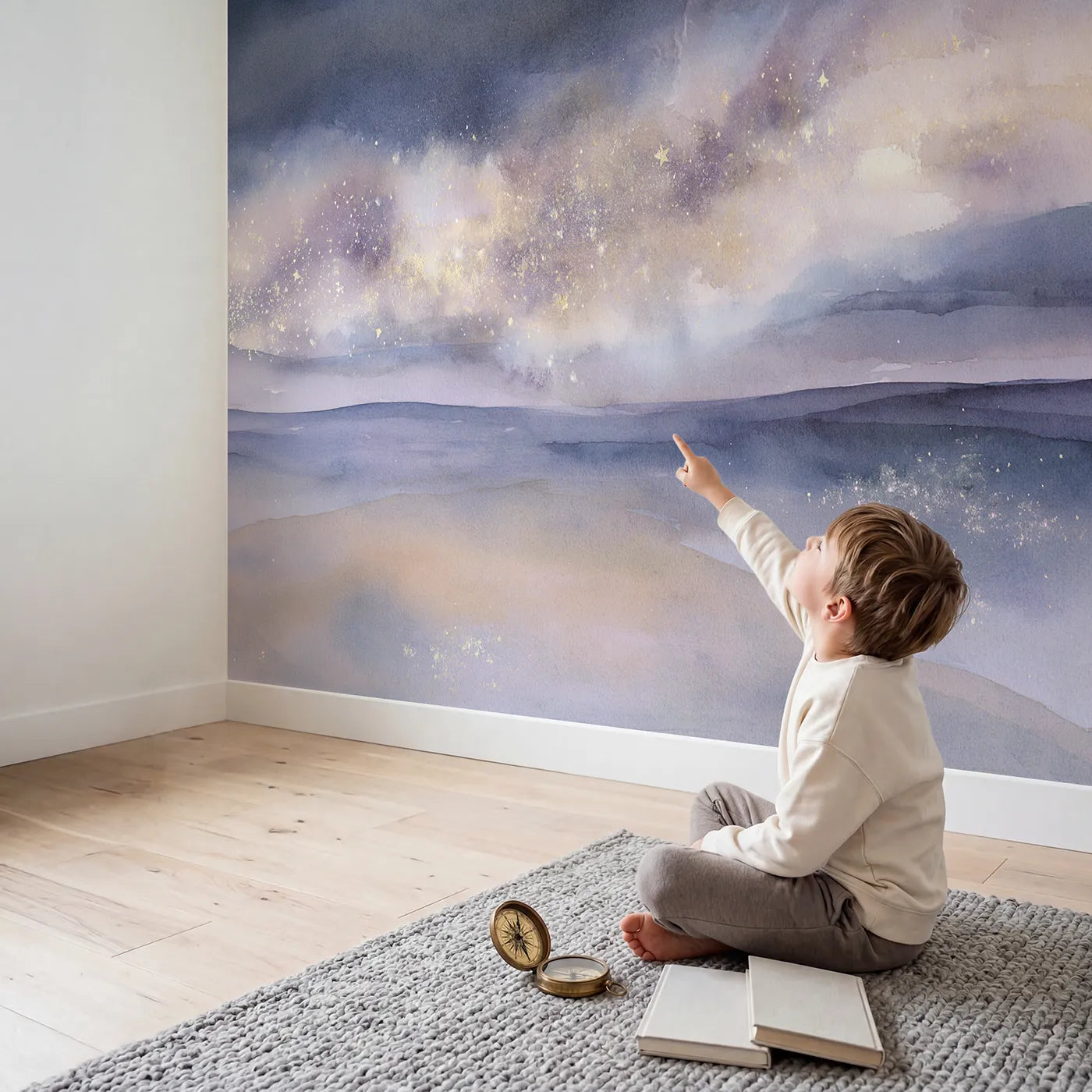 Child in nursery with Soft Nebula Dream Wallpaper Mural by Whimsy Tots