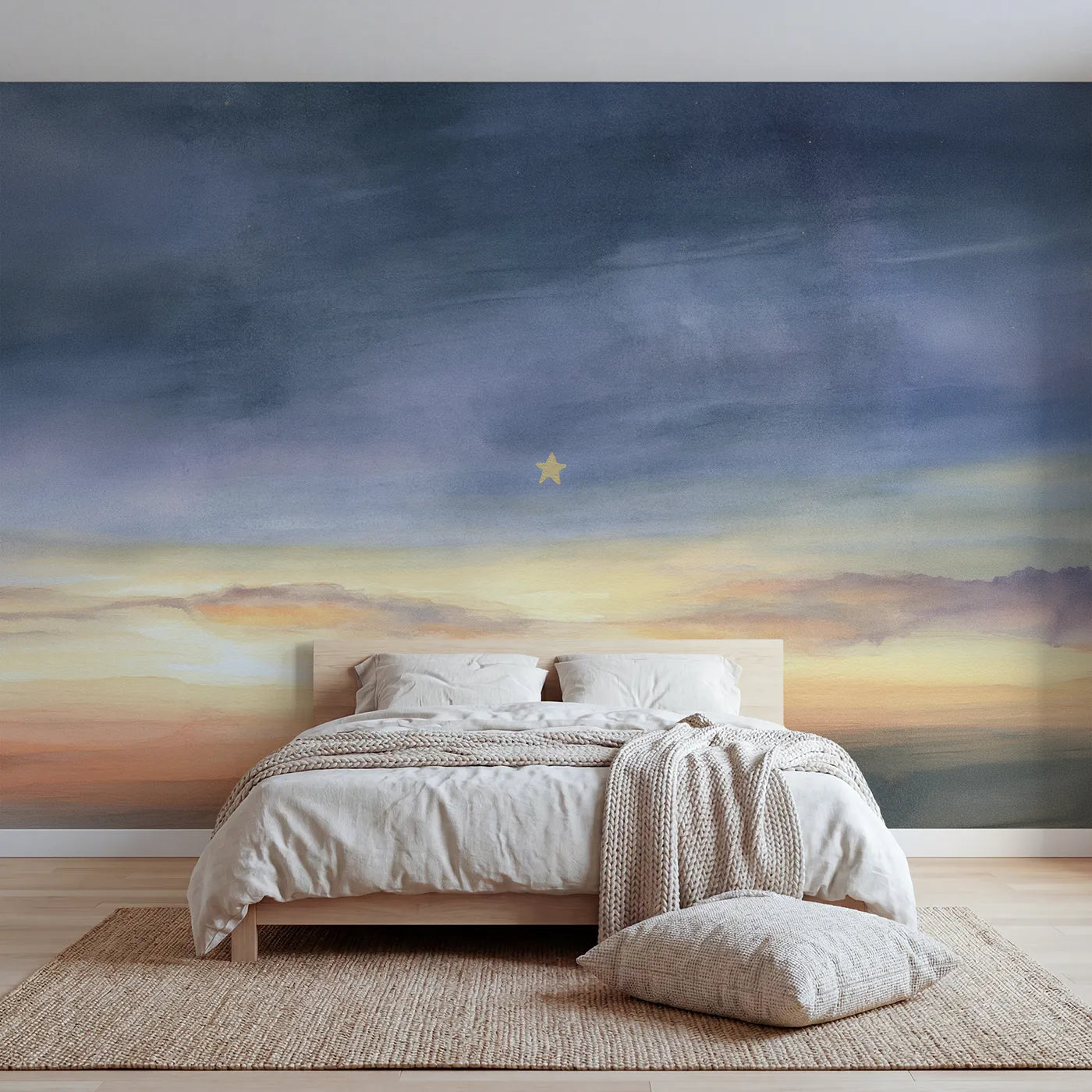 Watercolor wall mural of a calm deepening twilight by Whimsy Tots