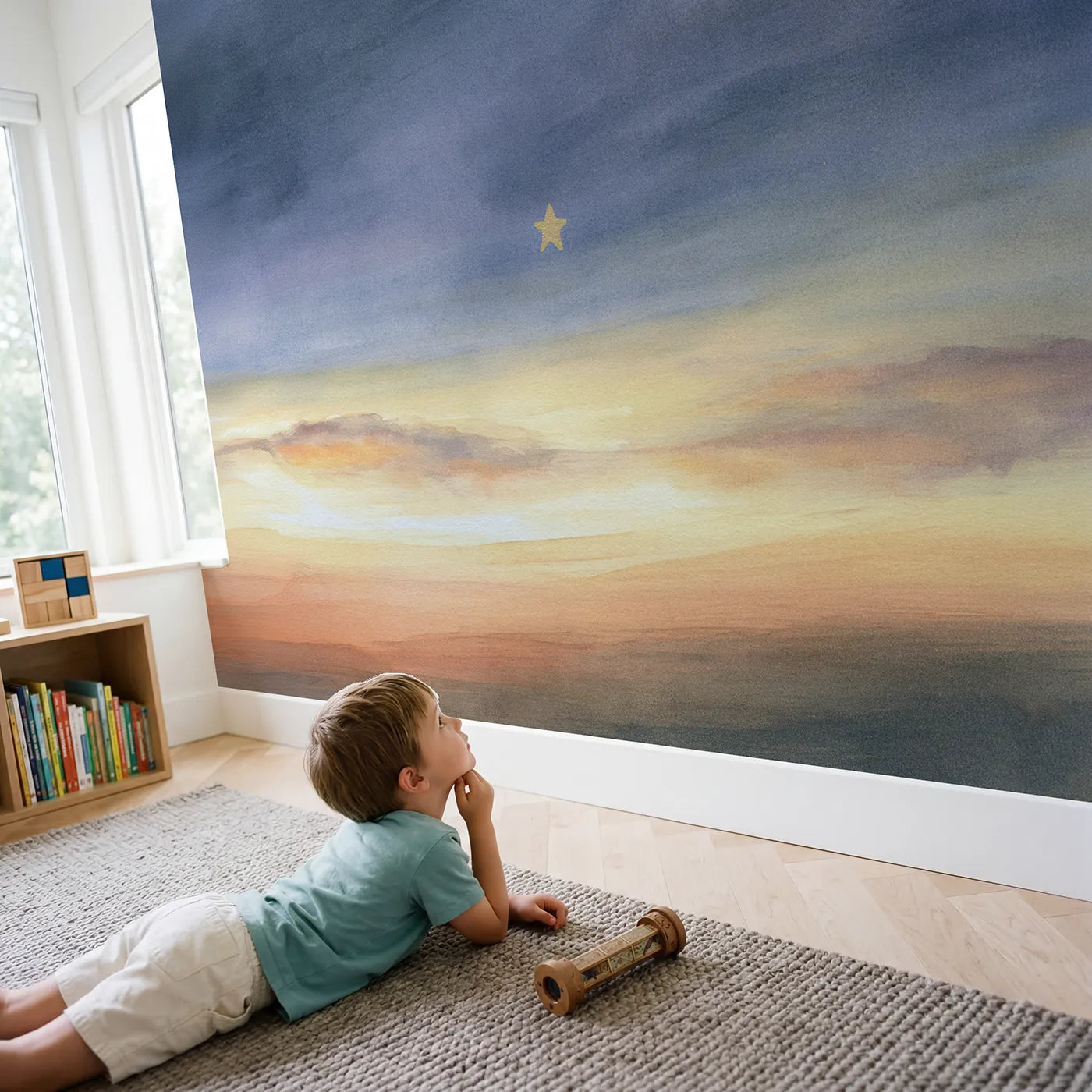 Child in nursery with Twilight Star Sky Wallpaper Mural by Whimsy Tots