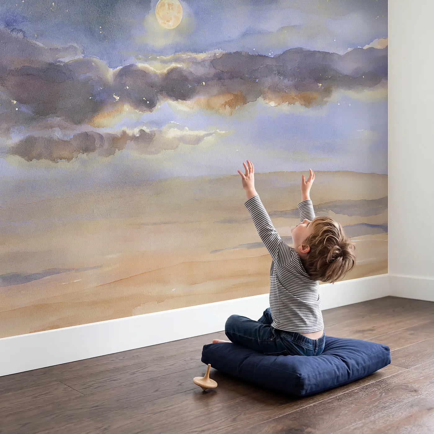 Child in nursery with Moonlit Cloud Night Wallpaper Mural by Whimsy Tots