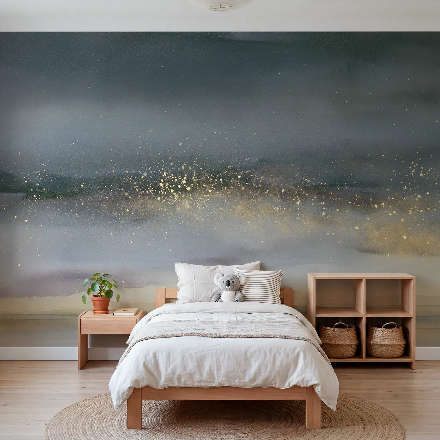 Watercolor wall mural of a hazy soft star field by Whimsy Tots