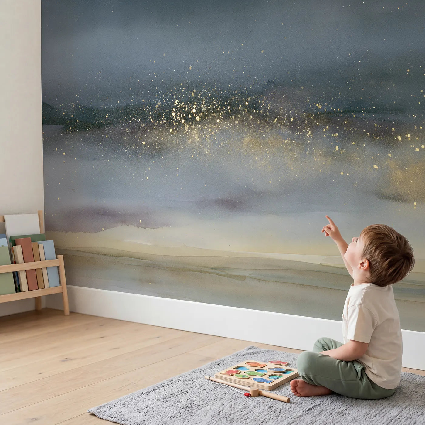 Child in nursery with Hazy Star Field Wallpaper Mural by Whimsy Tots