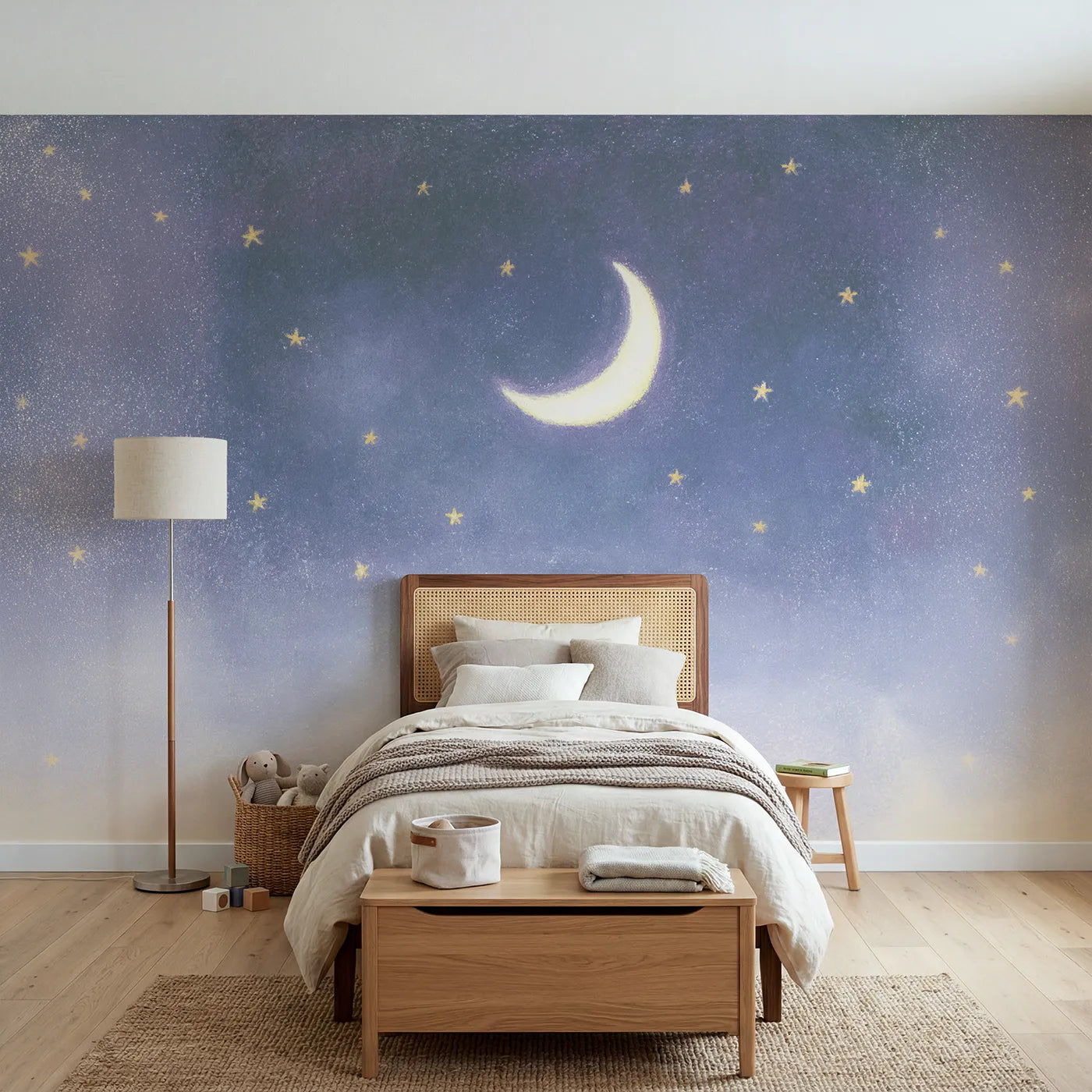 Chalk-pastel wall mural of a pastel crescent and stars by Whimsy Tots