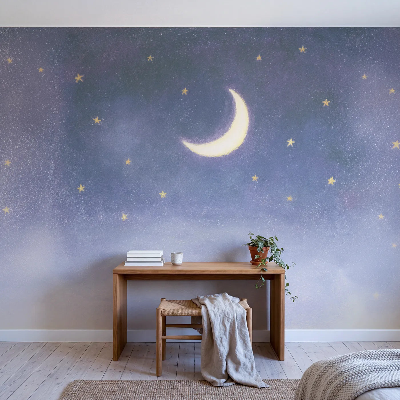 Pastel Moon Stars Wallpaper Mural in playroom setting by Whimsy Tots