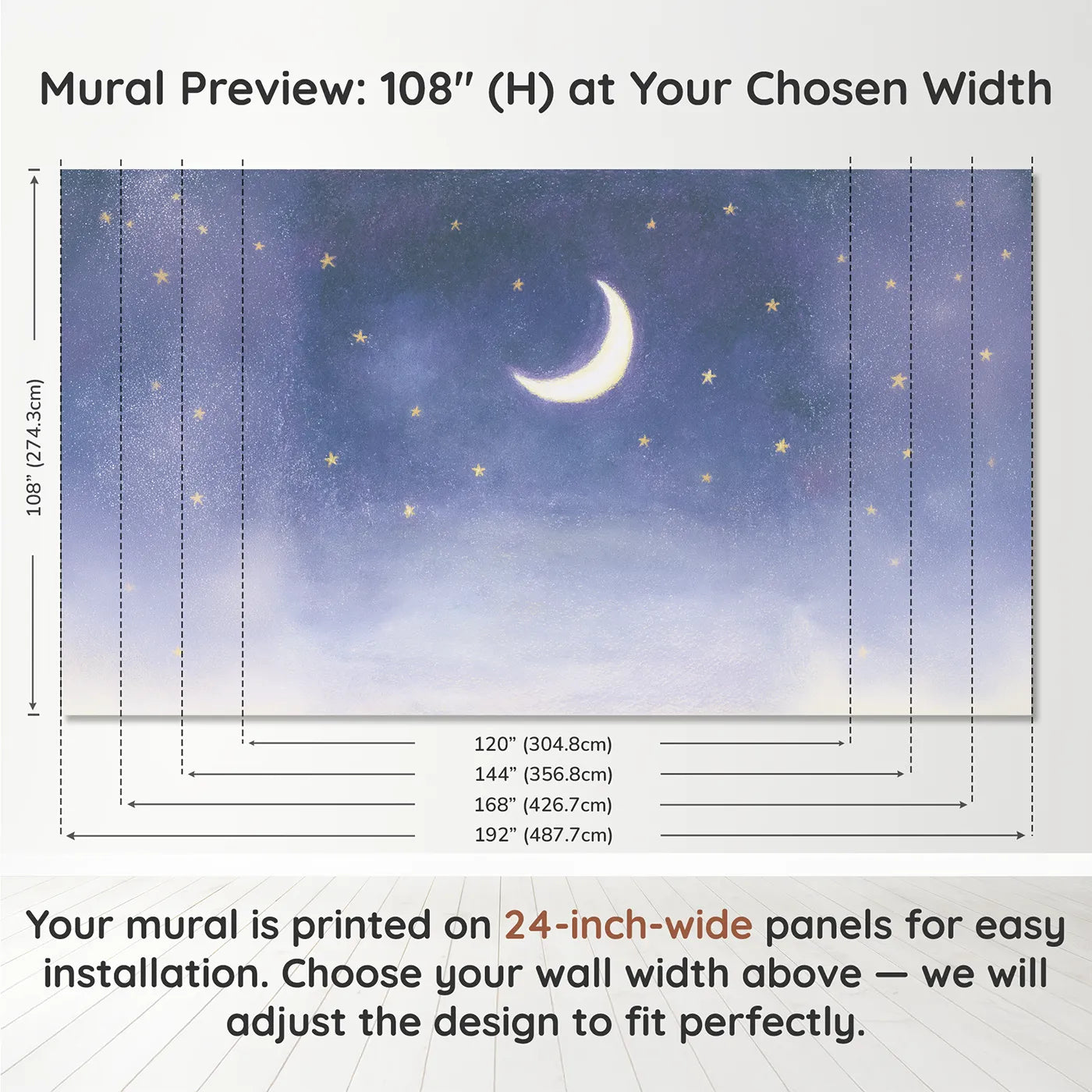Panel layout and dimensions for Pastel Moon Stars Wallpaper Mural by Whimsy Tots