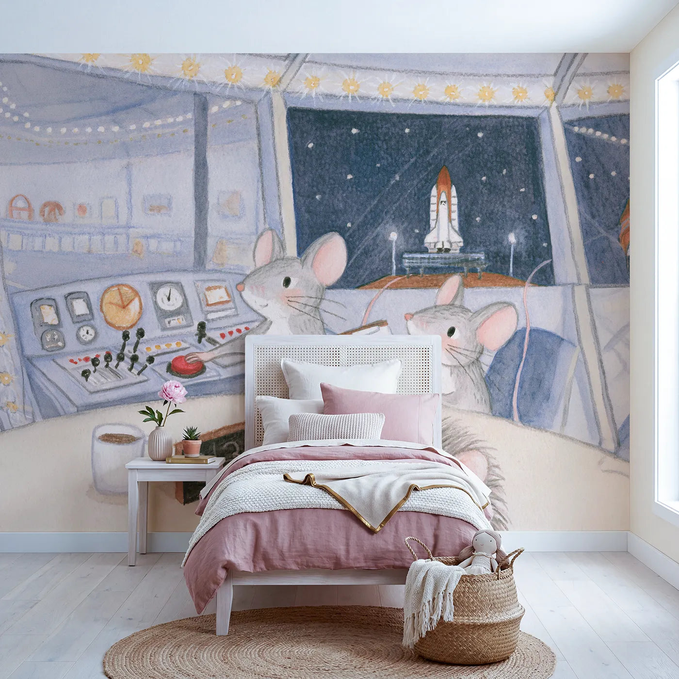Colored Pencil mice at a rocket launch control desk, mural for a playroom by Whimsy Tots