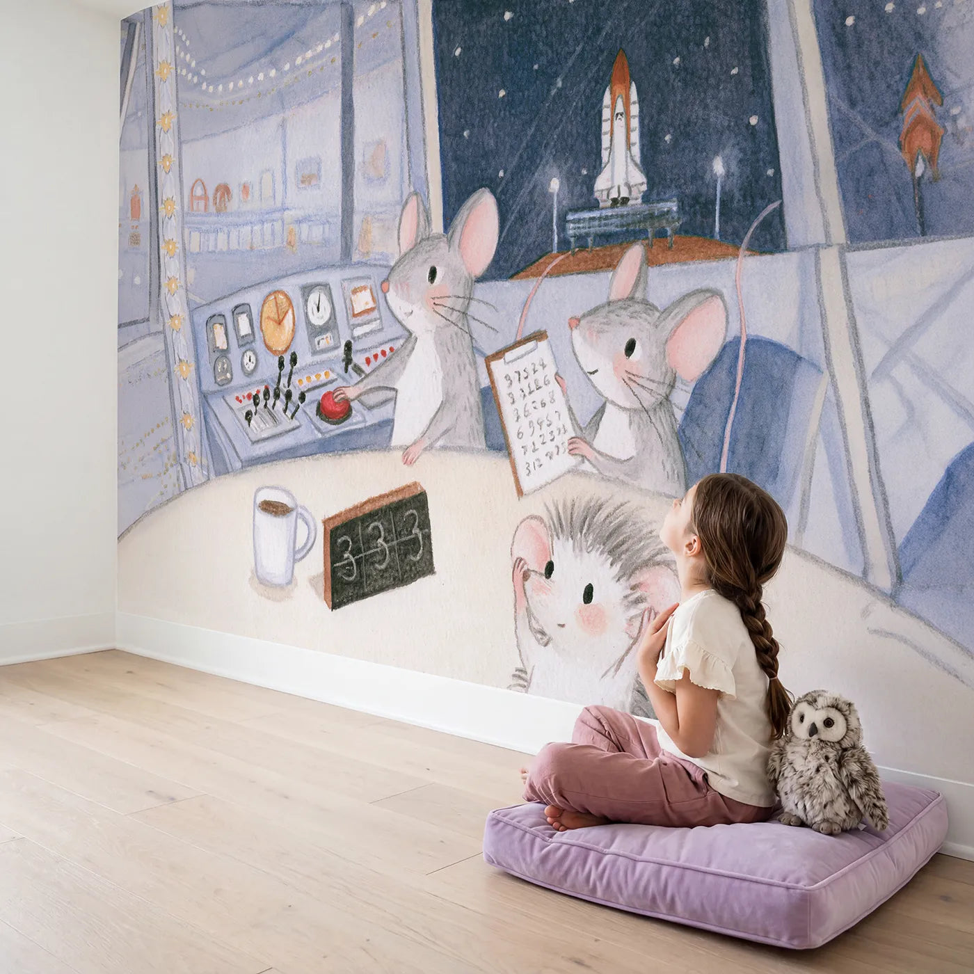Child in nursery with The Countdown Desk Wallpaper Mural by Whimsy Tots