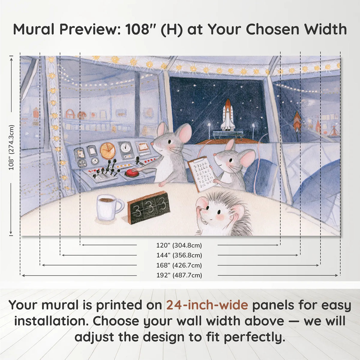 Panel layout and dimensions for The Countdown Desk Wallpaper Mural by Whimsy Tots