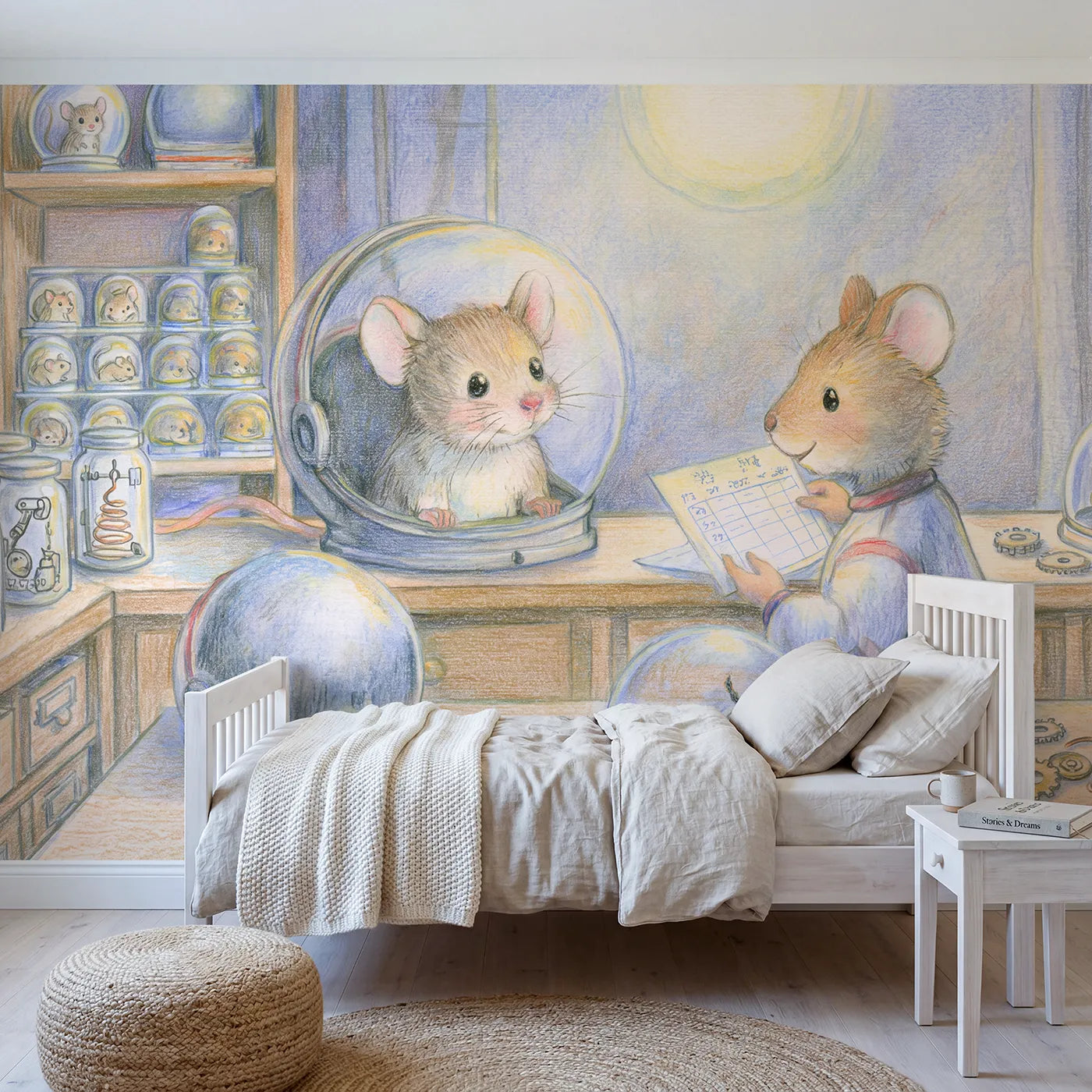 Colored Pencil mouse in an oversized space helmet, mural for a toddler room by Whimsy Tots